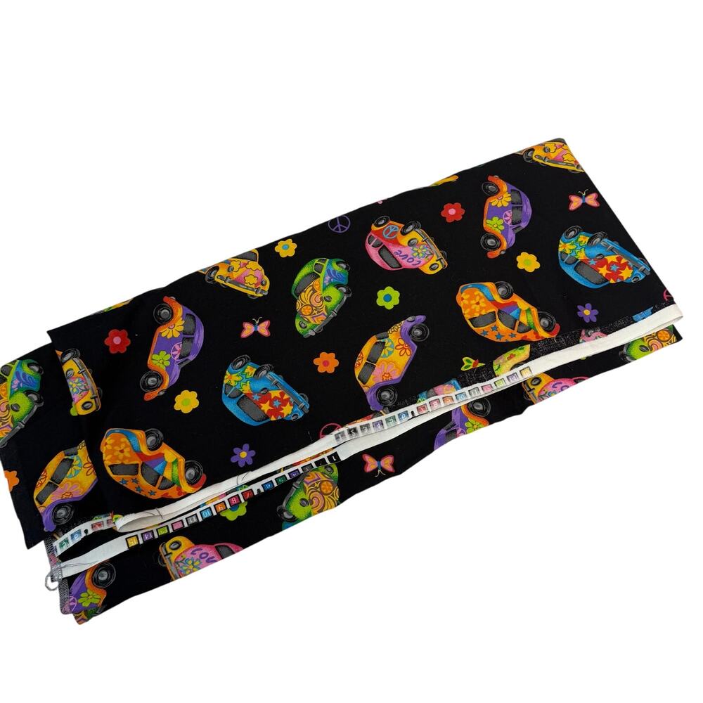 Y2K Herbie Car Cotton Fabric: Colorful Beetle Print, Black, Quilting 2.2 yards